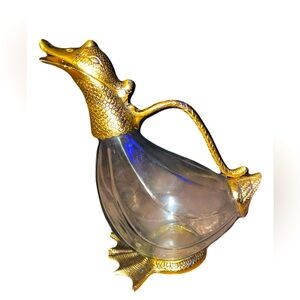 Vintage glass and metal gold duck Water fowl water pitcher carafe